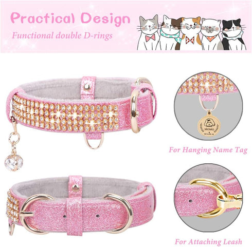 PetsHome Bling Rhinestones Cat Collar, Premium PU Leather with Pendant Adjustable Collars for Big Cat and Small to