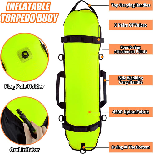 Inflatable Diving Safety Surface Marker Buoy - High Visibility Diver Down Torpedo Float with 2 Dive Flags
