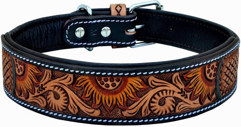 Leather Dog Collar, Western Style Sun Flower Design, Padded for 10AB122-XS
