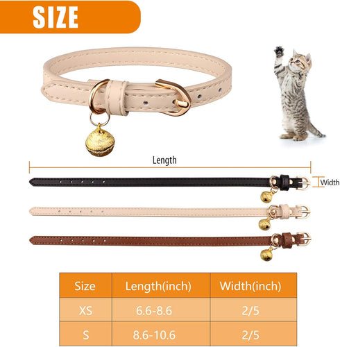 3 Pack Leather Cat Collars with Bells - Soft Pet Safety Kitten Collars in Black, Chocolate, Beige (XS)