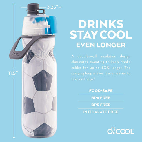 O2COOL Mist 'N Sip Misting Water Bottle, 2-in-1 Mist And Sip Function, 20 oz (Soccer)