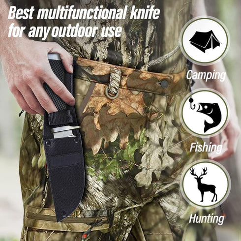 Hunting Knife with Sheath - Best Tactical Camping, Hiking, and Bushcraft Knife for Men, Fixed Blade Sharp Knife with