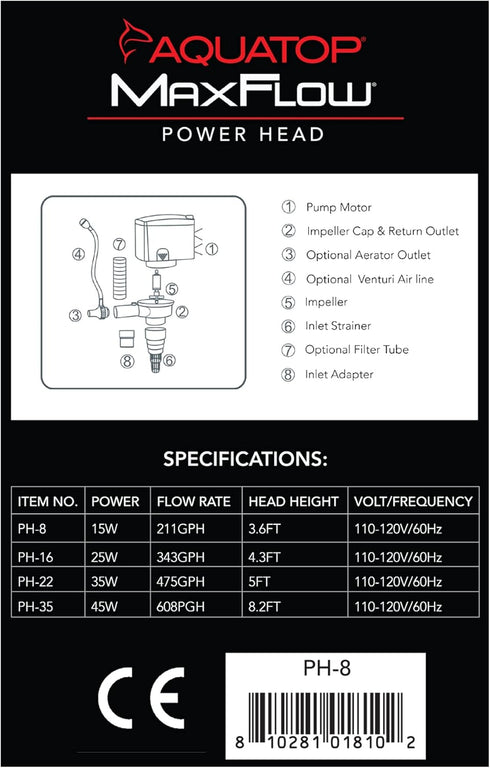 Aquatop MaxFlow 211 GPH Submersible Aquarium Power Head - High-Performance Water Pump, Quiet and Efficient