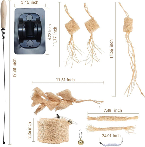 Quatendril Toys-7pcs Cat Chew Toy-Natural Loofah Raffia Catnip Handmade Gum Massage Teether w/ Cat Wand Toy