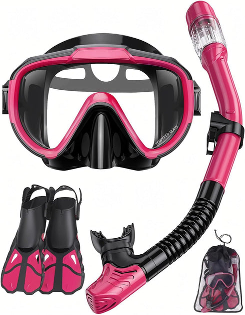 Snorkel Set with Fins for Adults, Snorkeling Gear Combo Set with Dry Top Snorkel Mask & Travel Bag