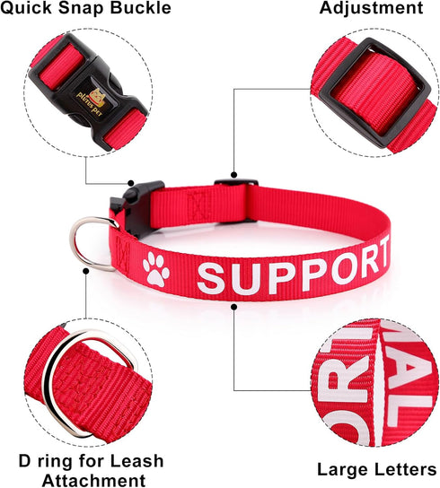 Plutus Pet Support Animal Collar, Printed Warning on Nylon Webbing, Two Colors, Four Sizes, Neck 8-12 inch, Red