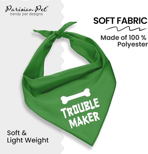 Parisian Pet Unisex Dog Bandanas Funny with Printed 'Trouble Maker' Word - Tie-On Adjustable Polyester Dog Scarf for Large Dogs - Washable Triangle Dog Bib - Green Handkerchief for Pets - L