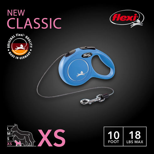 FLEXI New Classic Retractable Dog Leash (Cord), Ergonomic, Durable and Tangle Free Pet Walking Leash for Dogs Up to 18 lbs, 10 ft, Extra Small, Blue