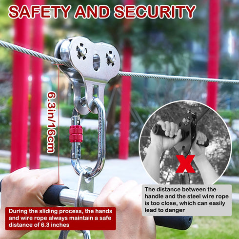 Zipline Pulley with Carabiner and Handle | 304 Stainless Steel Tandem Speed Double Pulley for 1/4 5/16 3/8 Cable
