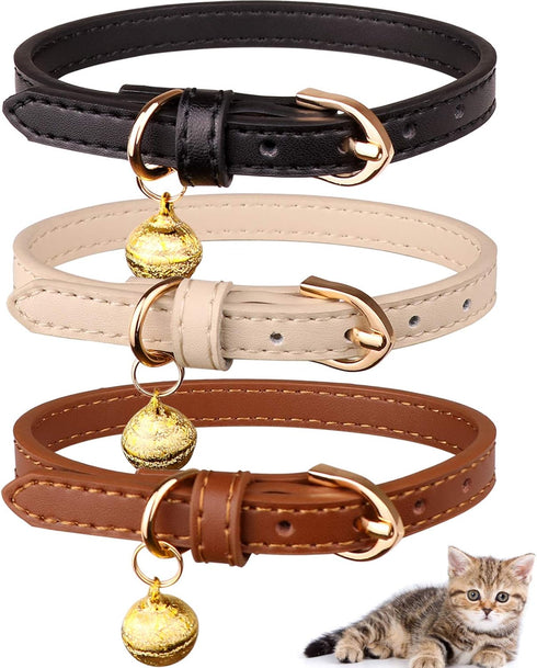 3 Pack Leather Cat Collars with Bells - Soft Pet Safety Kitten Collars in Black, Chocolate, Beige (XS)
