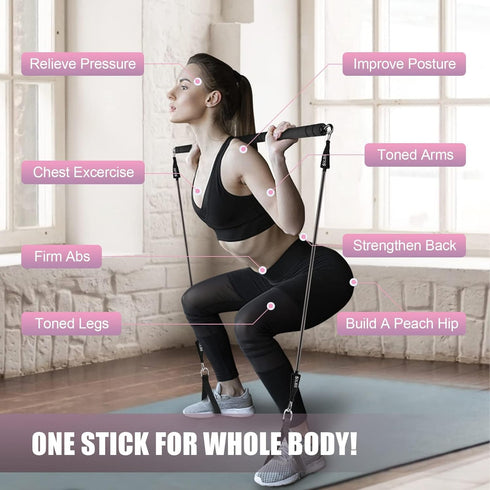 Plates Bar Kit with Resistance Band, Multifunctional Portable Weighted Exercise Pilates Bar for Home Gym