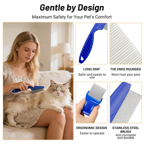 IKKAB 7 Pack Set Flea Comb for Cats and Dogs, Stainless Steel & Plastic Pet Grooming Combs with Dog Eye Comb & Tear