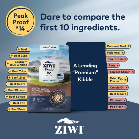 (28.8oz) ZIWI Peak Steam & Dried Cat Food Beef w/Southern Blue Whiting Fish - High Protein, Skin & Coat Health, Low