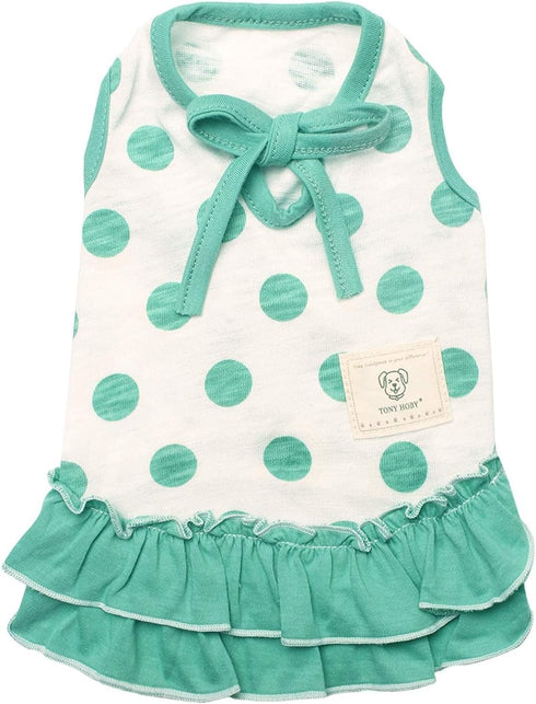 TONY HOBY Summer Dog Dress - Soft Party Dress with Polka Dots for Small Medium Dogs, White & Green