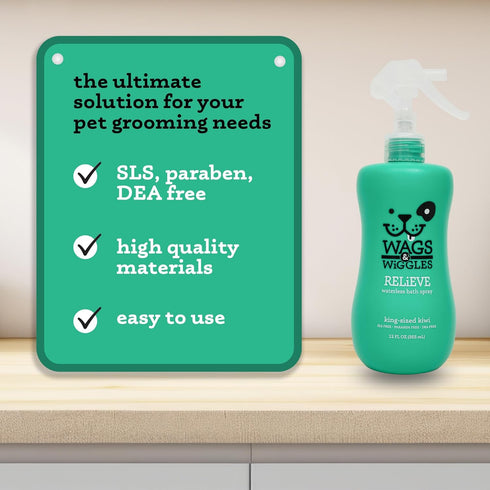 Wags & Wiggles 12 Oz Relieve Dog Anti-Itch Spray, Kiwi Scent - Waterless Dry Shampoo for Dogs With Dry, Itchy