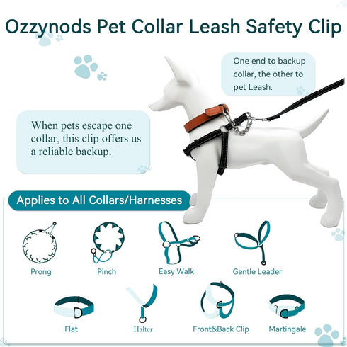 Dog Collar Safety Clip, Chew Proof Prong Collar Double Ended Backup Clasp Stainless Steel, Heavy Duty Dog Chain Leash Connector for Harness, Pinch Collar, Gentle Lead with Carabiner, 8in