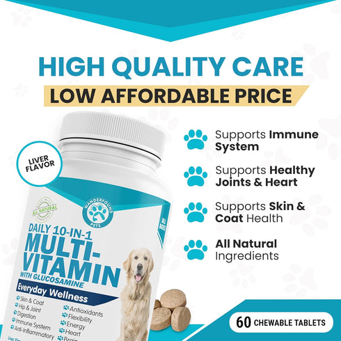 Wanderfound Pets 10-in-1 Dog Multivitamin, Chewable Vitamins with Glucosamine, D3, and MSM for Dog Health, 60 Tablets
