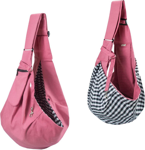 Pet Sling Carrier Adjustable Shoulder Strap Puppy Tote Hands Free Reversible Pet Backpack for Outdoor Travel Pink