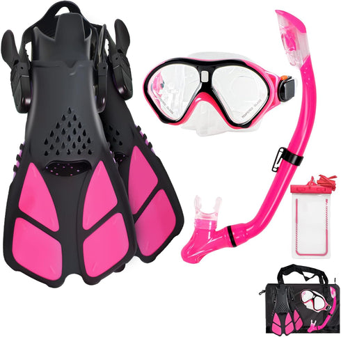 Kids Snorkeling Set, Children Mask Fin Snorkel Gear with Adjustable Flippers & Travel Bags