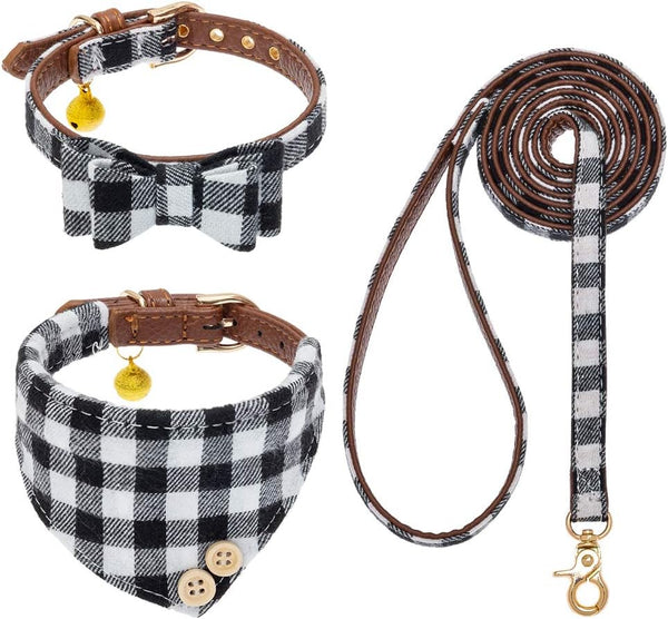 EXPAWLORER Dog Collar and Leash Set - Classic Plaid Dog Bow Tie and Bandana Collar with Bell, Adjustable Leash