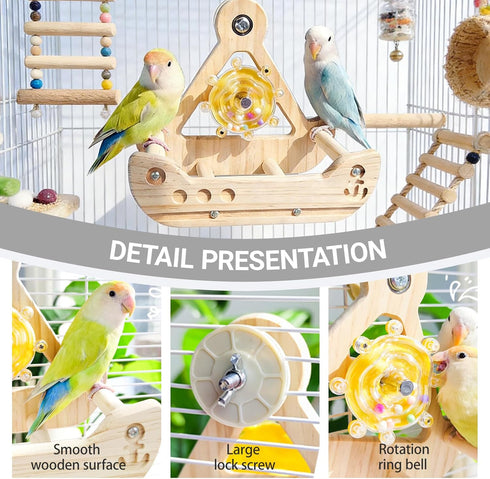 BShasrlim 2 1 in Interactive Bird Toys,Nature Wooden Swing Parrot Toys with Spinner Rattle Bell, Cockatiel Toy Bird