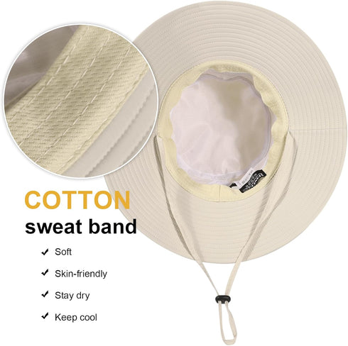 Waterproof Bucket Sun Hat for Women, Wide Brim Breathable Mesh UPF50+ Safari Hat with Criss Cross Ponytail Hole