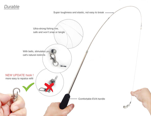 Cat Toys Wand, Retractable Interactive Feather Teaser Cat Toy with Bell, 5pcs Refills