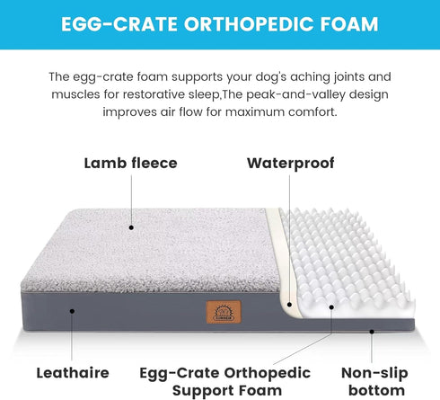 Extra Large Orthopedic Dog Bed for Big Dogs, Waterproof with Removable Washable Cover, Grey