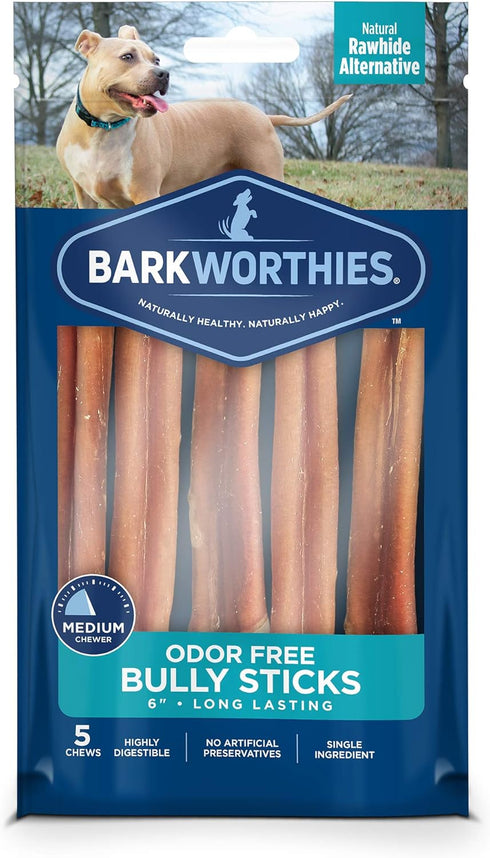 Barkworthies Odor-Free 6 Inch Bully Sticks - 5 Count (Pack of 1) - All-Natural Rawhide Alternative, Promotes Dental