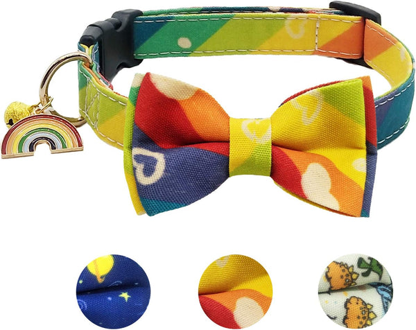 KUDES Adjustable Dog Collars with Bow Tie and Bells Charm for Small/Medium/Large Dogs and Cats (Rainbow, L(14"-22"))