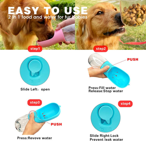 Dog Water Bottle, Portable Pet Water Dispenser with Food Container for Cat, Puppy, Hiking, Travel, 19oz