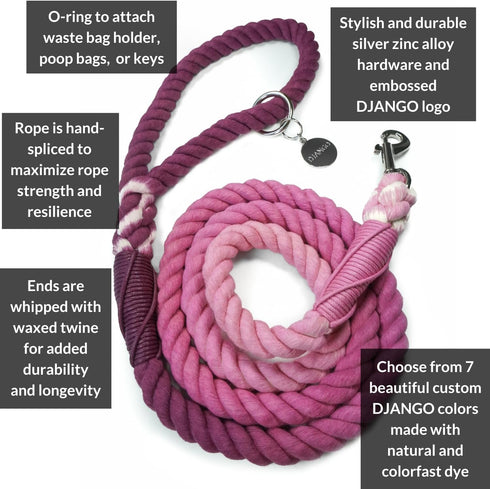 DJANGO Cotton Rope Dog Leash, 5 FT Ombre for Small Medium Large Dogs, Custom Colors, Gold and Silver Hardware
