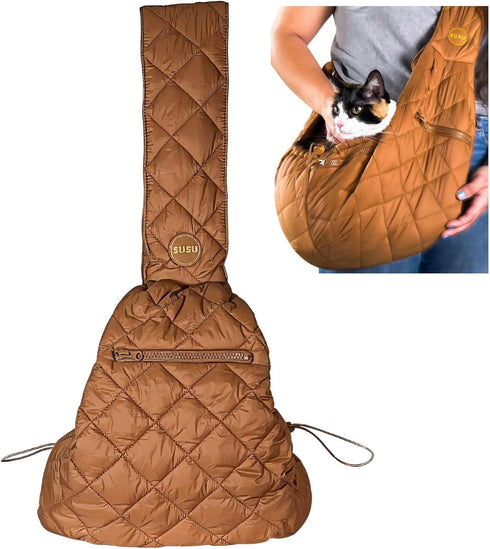 Cat Sling and Small Dog Carrier, Hands-Free Adjustable Puppy Carrier with Plush Soft Fabric and Safety Belt (Camel