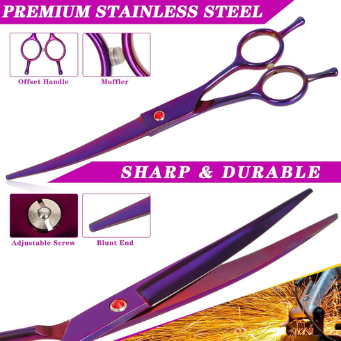 Dog Grooming Scissors - Premium Stainless Steel Curved Hair Cutting Scissors for Dogs & Cats (Purple)