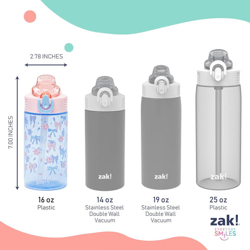 16oz 2-Pack Set Zak Designs Sage Kids Water Bottle For School or Travel, Durable Plastic Water Bottle With Straw