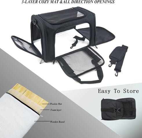 Soft Sided Carrier for Small Medium Cats Dogs, Large Black, Removable Pad Collapsible Travel
