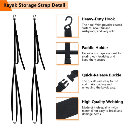 Kayak Storage Strap, Adjustable Wall Mount Straps for Hanging 1 or 2 Kayaks, Paddle Board, Canoe
