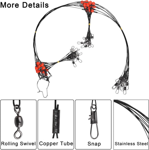 Saltwater Fishing Wire Leader with Swivels Snaps Stainless Steel Fishing Rigs for Lures Bait Hooks