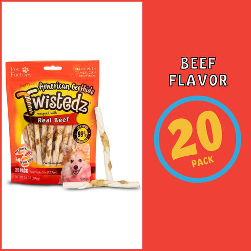 Pet Factory Twistedz American Beefhide, 5" Twist Sticks, Dog Chew Treats, 20 Count