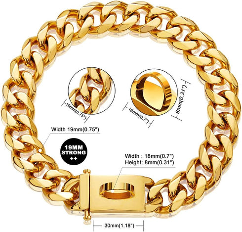 Gold Dog Chain Collar Walking Metal Stainless Steel Choke Collar with Secure Buckle, 18K Cuban Link for Medium Dogs