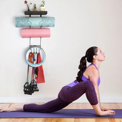 VINAEMO Yoga Mat Holder Accessories - Wall Mount Organizer with 4 Hooks and Wooden Shelves for Foam Roller and Towel