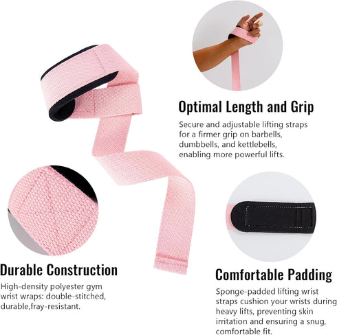 WTYPOPK 2 Wrist Straps for Weightlifting, Pair Gym Pink Lifting Straps with Neoprene Padded Wrist Cushion, Weight