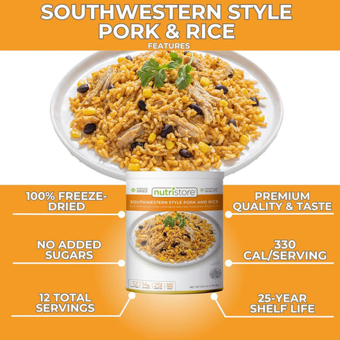 Nutristore Freeze-Dried Southwestern Style Pork and Rice - Emergency Survival Meal, 25 Year Shelf Life, USDA Inspected