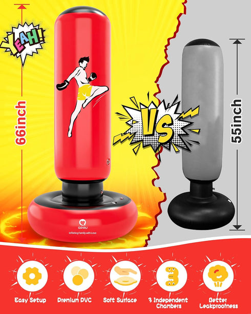 66 Inch Set, 6-12, MMA QPAU Kids Punching Bag Toy with Boxing Gloves, Larger Stable Kids Inflatable Boxing Bag Gifts