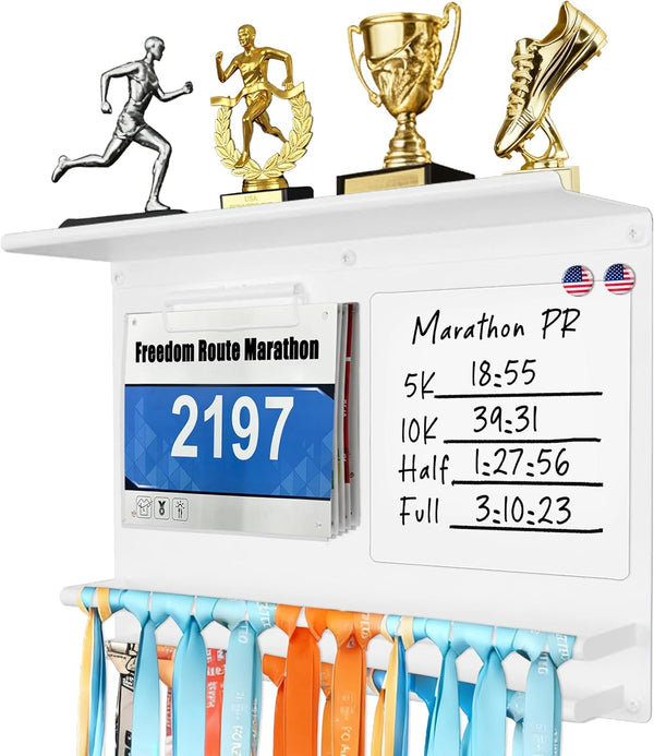 Running Medal Display with Trophy Shelf, Race Bib Holder and Whiteboard, 2-Bar