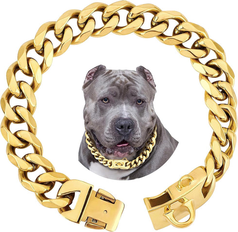 BAOBOTE 19mm Gold Chain Dog Collar, Luxurious Cuban Link with Secure Snap Buckle for Large Pitbulls (24" Gold)