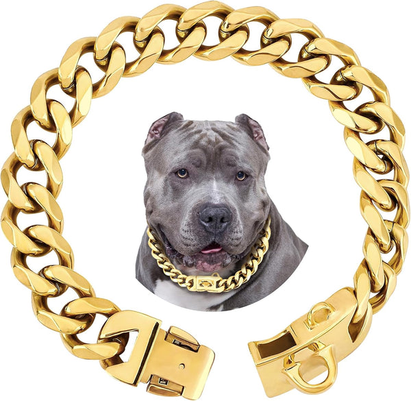 BAOBOTE 19mm Gold Chain Dog Collar, Luxurious Cuban Link with Secure Snap Buckle for Large Pitbulls (16" Gold)