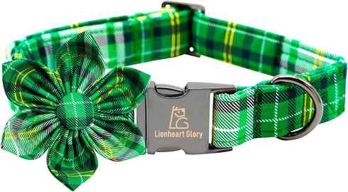 Lionheart Glory St. Patrick's Day Dog Collar, Green Plaid Flower Collar for Medium Dogs, Heavy Duty Cute Collars