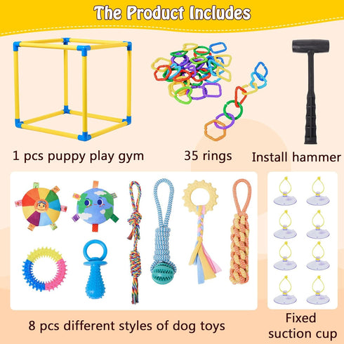 8 Puppy Play Gym with Hanging Toys, Small Dogs Indoor Jungle Playground, PVC Frame with Suction Cups Interactive