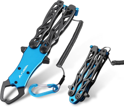 FLISSA Folding Fish Gripper with Lanyard, Lightweight Aluminum Fish Grabber, Portable Fish